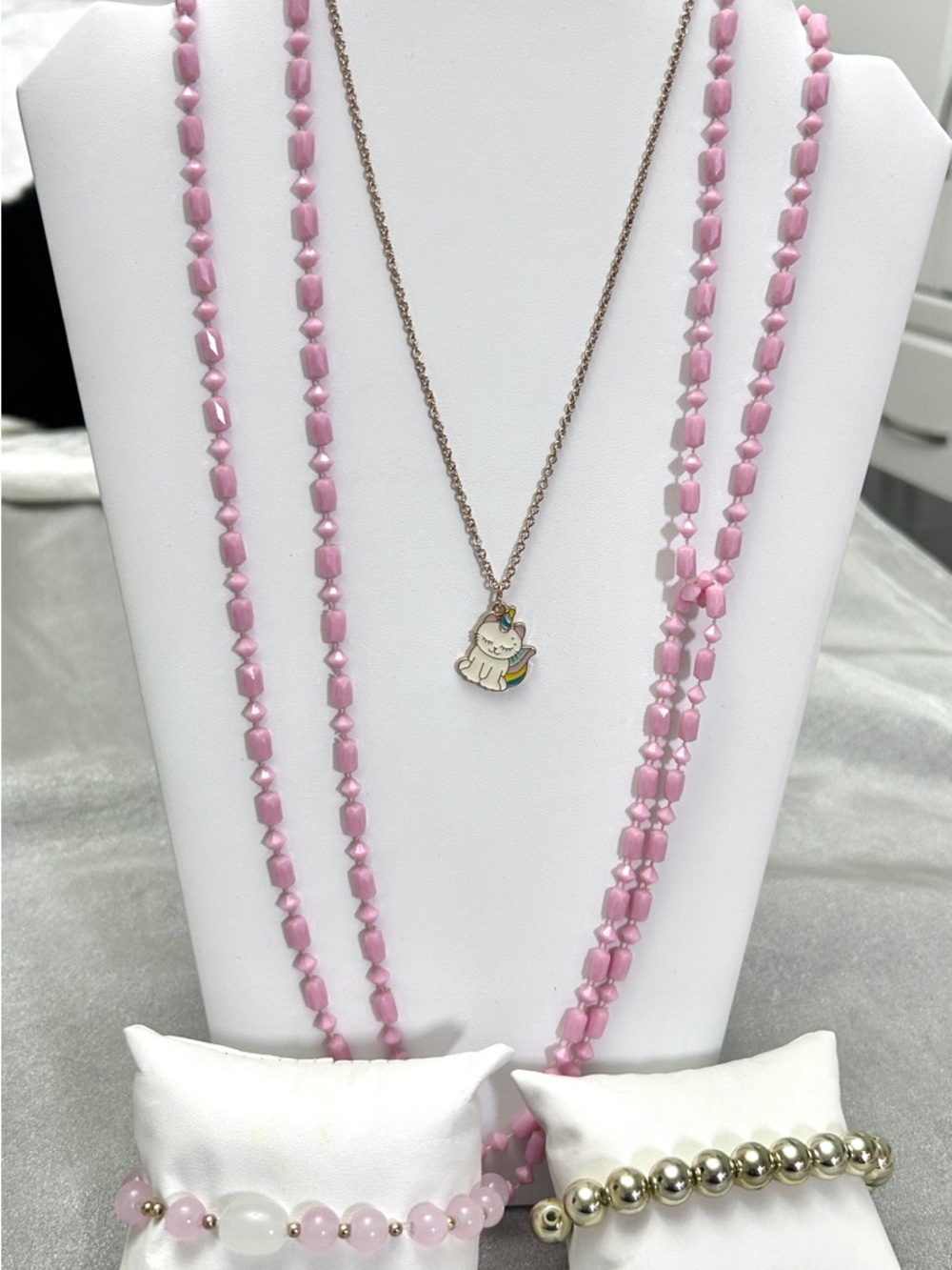 Caticorn pendant Necklace and bracelet 4 pc set Pink Gold Kids jewelry set